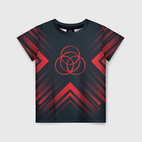 Детская футболка 3D с принтом Красный символ Elden Ring на темном фоне со стрелками в Санкт-Петербурге, 100% гипоаллергенный полиэфир | прямой крой, круглый вырез горловины, длина до линии бедер, чуть спущенное плечо, ткань немного тянется | 