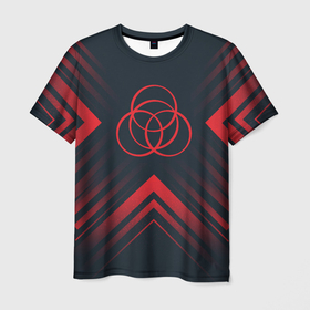 Мужская футболка 3D с принтом Красный символ Elden Ring на темном фоне со стрелками в Екатеринбурге, 100% полиэфир | прямой крой, круглый вырез горловины, длина до линии бедер | 