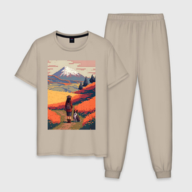 Мужская пижама хлопок с принтом Девушка, выгуливающая собаку на полях Японии в Белгороде, 100% хлопок | брюки и футболка прямого кроя, без карманов, на брюках мягкая резинка на поясе и по низу штанин
 | 