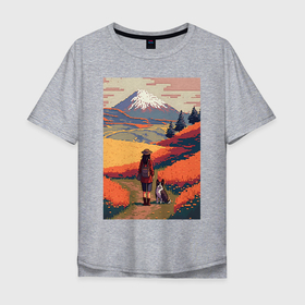 Мужская футболка хлопок Oversize с принтом Девушка, выгуливающая собаку на полях Японии в Белгороде, 100% хлопок | свободный крой, круглый ворот, “спинка” длиннее передней части | 