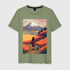 Мужская футболка хлопок с принтом Девушка, выгуливающая собаку на полях Японии в Белгороде, 100% хлопок | прямой крой, круглый вырез горловины, длина до линии бедер, слегка спущенное плечо. | 