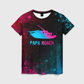 Женская футболка 3D с принтом Papa Roach   neon gradient в Петрозаводске, 100% полиэфир ( синтетическое хлопкоподобное полотно) | прямой крой, круглый вырез горловины, длина до линии бедер | 