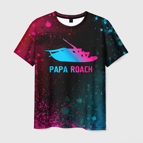Мужская футболка 3D с принтом Papa Roach   neon gradient в Екатеринбурге, 100% полиэфир | прямой крой, круглый вырез горловины, длина до линии бедер | 