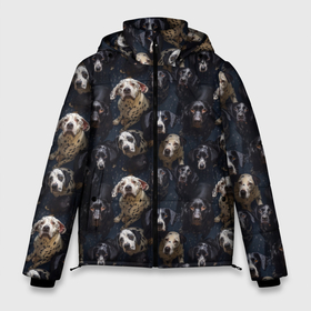 Мужская зимняя куртка 3D с принтом Паттерн из собак в Тюмени, верх — 100% полиэстер; подкладка — 100% полиэстер; утеплитель — 100% полиэстер | длина ниже бедра, свободный силуэт Оверсайз. Есть воротник-стойка, отстегивающийся капюшон и ветрозащитная планка. 

Боковые карманы с листочкой на кнопках и внутренний карман на молнии. | Тематика изображения на принте: 