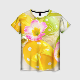 Женская футболка 3D с принтом Пасхальные яйца и цветы в Екатеринбурге, 100% полиэфир ( синтетическое хлопкоподобное полотно) | прямой крой, круглый вырез горловины, длина до линии бедер | 