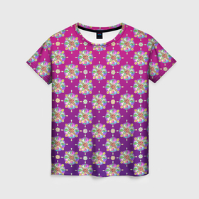 Женская футболка 3D с принтом Абстрактные разноцветные узоры на пурпурно фиолетовом фоне , 100% полиэфир ( синтетическое хлопкоподобное полотно) | прямой крой, круглый вырез горловины, длина до линии бедер | 
