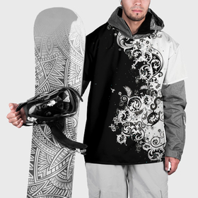 Накидка на куртку 3D с принтом Черно белые цветы и колибри в Рязани, 100% полиэстер |  | 