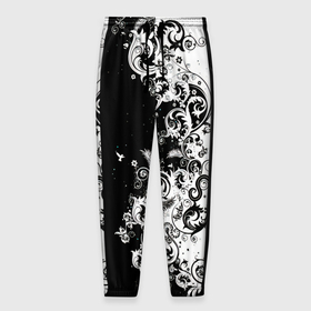 Мужские брюки 3D с принтом Черно белые цветы и колибри в Тюмени, 100% полиэстер | манжеты по низу, эластичный пояс регулируется шнурком, по бокам два кармана без застежек, внутренняя часть кармана из мелкой сетки | Тематика изображения на принте: 