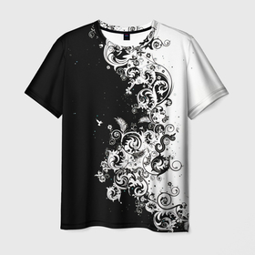 Мужская футболка 3D с принтом Черно белые цветы и колибри в Санкт-Петербурге, 100% полиэфир | прямой крой, круглый вырез горловины, длина до линии бедер | 