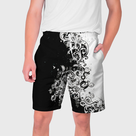 Мужские шорты 3D с принтом Черно белые цветы и колибри в Кировске,  полиэстер 100% | прямой крой, два кармана без застежек по бокам. Мягкая трикотажная резинка на поясе, внутри которой широкие завязки. Длина чуть выше колен | 