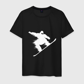 Мужская футболка хлопок с принтом Белый силуэт сноубордиста в Санкт-Петербурге, 100% хлопок | прямой крой, круглый вырез горловины, длина до линии бедер, слегка спущенное плечо. | 