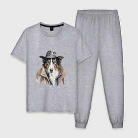 Мужская пижама хлопок с принтом Австралийская овчарка арт в Белгороде, 100% хлопок | брюки и футболка прямого кроя, без карманов, на брюках мягкая резинка на поясе и по низу штанин
 | 