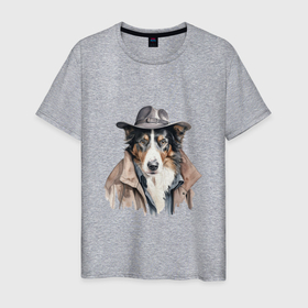Мужская футболка хлопок с принтом Австралийская овчарка арт в Тюмени, 100% хлопок | прямой крой, круглый вырез горловины, длина до линии бедер, слегка спущенное плечо. | 