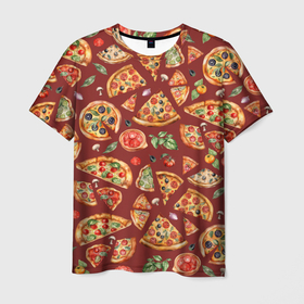 Мужская футболка 3D с принтом Кусочки пиццы ассорти   акварельный паттерн в Петрозаводске, 100% полиэфир | прямой крой, круглый вырез горловины, длина до линии бедер | Тематика изображения на принте: 