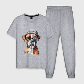 Мужская пижама хлопок с принтом Немецкий боксер арт , 100% хлопок | брюки и футболка прямого кроя, без карманов, на брюках мягкая резинка на поясе и по низу штанин
 | 