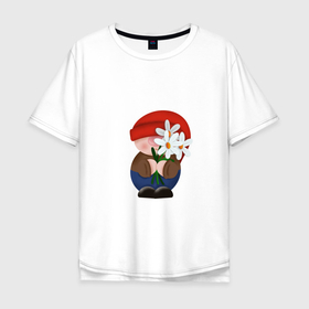 Мужская футболка хлопок Oversize с принтом Гномик с ромашками в Кировске, 100% хлопок | свободный крой, круглый ворот, “спинка” длиннее передней части | 