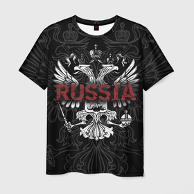 Мужская футболка 3D с принтом Герб России с надписью Russia , 100% полиэфир | прямой крой, круглый вырез горловины, длина до линии бедер | Тематика изображения на принте: 