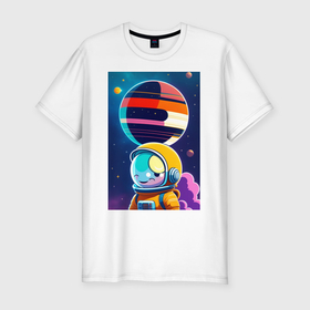 Мужская футболка хлопок Slim с принтом Улыбчивый астронавт в космосе в Курске, 92% хлопок, 8% лайкра | приталенный силуэт, круглый вырез ворота, длина до линии бедра, короткий рукав | 