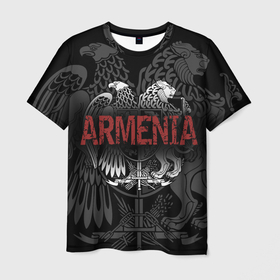 Мужская футболка 3D с принтом Герб Армении с надписью Armenia в Санкт-Петербурге, 100% полиэфир | прямой крой, круглый вырез горловины, длина до линии бедер | 