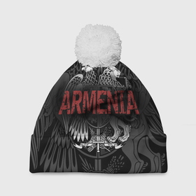 Шапка 3D c помпоном с принтом Герб Армении с надписью Armenia , 100% полиэстер | универсальный размер, печать по всей поверхности изделия | 