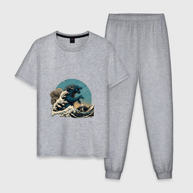 Мужская пижама хлопок с принтом Годзилла в Большой волне у Канагавы в Санкт-Петербурге, 100% хлопок | брюки и футболка прямого кроя, без карманов, на брюках мягкая резинка на поясе и по низу штанин
 | 