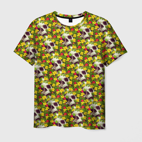 Мужская футболка 3D с принтом Черепа в луговых цветах в Тюмени, 100% полиэфир | прямой крой, круглый вырез горловины, длина до линии бедер | 