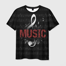 Мужская футболка 3D с принтом Музыка на фоне нот и скрипичного ключа в Тюмени, 100% полиэфир | прямой крой, круглый вырез горловины, длина до линии бедер | 