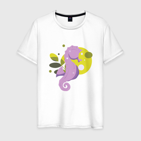 Мужская футболка хлопок с принтом фиолетовый морской конек в Курске, 100% хлопок | прямой крой, круглый вырез горловины, длина до линии бедер, слегка спущенное плечо. | 