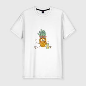 Мужская футболка хлопок Slim с принтом Забавный ананас пьет лимонад , 92% хлопок, 8% лайкра | приталенный силуэт, круглый вырез ворота, длина до линии бедра, короткий рукав | 