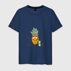 Мужская футболка хлопок с принтом Забавный ананас пьет лимонад в Кировске, 100% хлопок | прямой крой, круглый вырез горловины, длина до линии бедер, слегка спущенное плечо. | 