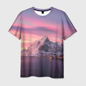 Мужская футболка 3D с принтом Зимний город возле озера , 100% полиэфир | прямой крой, круглый вырез горловины, длина до линии бедер | 