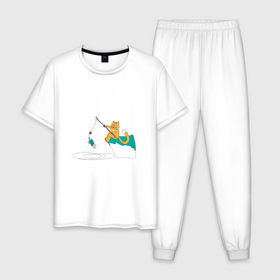 Мужская пижама хлопок с принтом Кот рыбак с уловом в Тюмени, 100% хлопок | брюки и футболка прямого кроя, без карманов, на брюках мягкая резинка на поясе и по низу штанин
 | 