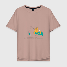 Мужская футболка хлопок Oversize с принтом Кот рыбак с уловом в Тюмени, 100% хлопок | свободный крой, круглый ворот, “спинка” длиннее передней части | 