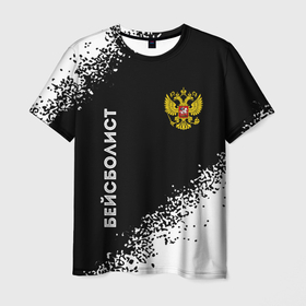 Мужская футболка 3D с принтом Бейсболист из России и герб РФ: надпись, символ в Новосибирске, 100% полиэфир | прямой крой, круглый вырез горловины, длина до линии бедер | 