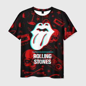 Мужская футболка 3D с принтом Rolling Stones rock glitch в Кировске, 100% полиэфир | прямой крой, круглый вырез горловины, длина до линии бедер | 