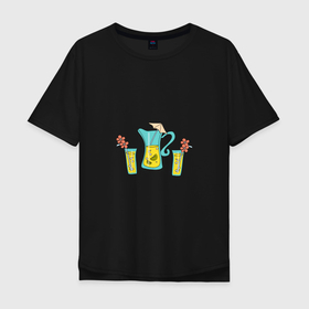 Мужская футболка хлопок Oversize с принтом Лимонад   кувшин и стаканы в Курске, 100% хлопок | свободный крой, круглый ворот, “спинка” длиннее передней части | 