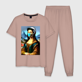Мужская пижама хлопок с принтом Mona Lisa   cyberpunk   neural network в Новосибирске, 100% хлопок | брюки и футболка прямого кроя, без карманов, на брюках мягкая резинка на поясе и по низу штанин
 | Тематика изображения на принте: 