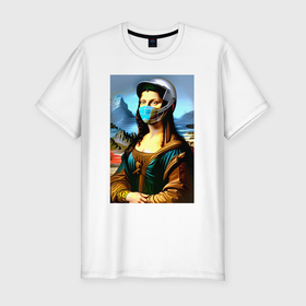 Мужская футболка хлопок Slim с принтом Mona Lisa   cyberpunk   neural network в Петрозаводске, 92% хлопок, 8% лайкра | приталенный силуэт, круглый вырез ворота, длина до линии бедра, короткий рукав | Тематика изображения на принте: 