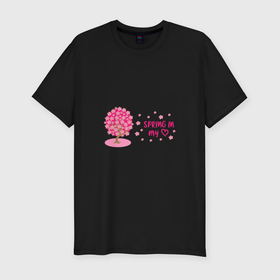 Мужская футболка хлопок Slim с принтом Цветущее вишневое дерево   весна в моем сердце в Санкт-Петербурге, 92% хлопок, 8% лайкра | приталенный силуэт, круглый вырез ворота, длина до линии бедра, короткий рукав | 
