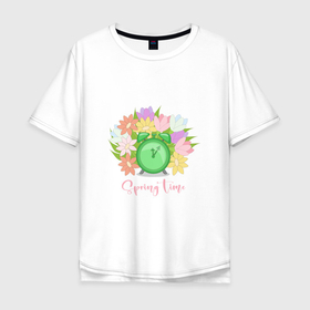 Мужская футболка хлопок Oversize с принтом Весенние цветы и будильник   время весны , 100% хлопок | свободный крой, круглый ворот, “спинка” длиннее передней части | Тематика изображения на принте: 