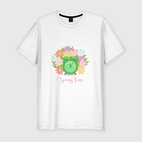 Мужская футболка хлопок Slim с принтом Весенние цветы и будильник   время весны в Тюмени, 92% хлопок, 8% лайкра | приталенный силуэт, круглый вырез ворота, длина до линии бедра, короткий рукав | 
