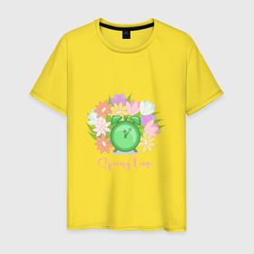 Мужская футболка хлопок с принтом Весенние цветы и будильник   время весны , 100% хлопок | прямой крой, круглый вырез горловины, длина до линии бедер, слегка спущенное плечо. | 