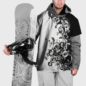 Накидка на куртку 3D с принтом Черно белая птица среди узорчатых цветов в Санкт-Петербурге, 100% полиэстер |  | 