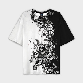 Мужская футболка oversize 3D с принтом Черно белая птица среди узорчатых цветов в Петрозаводске,  |  | 
