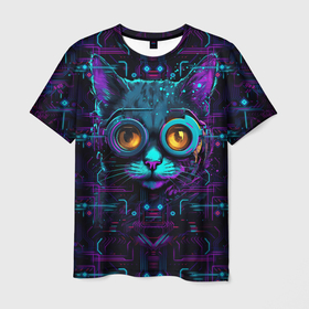 Мужская футболка 3D с принтом Cat   cyberpunk style в Курске, 100% полиэфир | прямой крой, круглый вырез горловины, длина до линии бедер | 