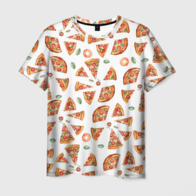 Мужская футболка 3D с принтом кусочки пиццы    паттерн на белом в Новосибирске, 100% полиэфир | прямой крой, круглый вырез горловины, длина до линии бедер | Тематика изображения на принте: 