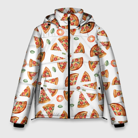Мужская зимняя куртка 3D с принтом кусочки пиццы    паттерн на белом в Новосибирске, верх — 100% полиэстер; подкладка — 100% полиэстер; утеплитель — 100% полиэстер | длина ниже бедра, свободный силуэт Оверсайз. Есть воротник-стойка, отстегивающийся капюшон и ветрозащитная планка. 

Боковые карманы с листочкой на кнопках и внутренний карман на молнии. | Тематика изображения на принте: 