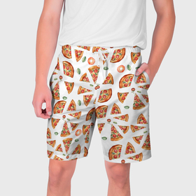 Мужские шорты 3D с принтом кусочки пиццы    паттерн на белом ,  полиэстер 100% | прямой крой, два кармана без застежек по бокам. Мягкая трикотажная резинка на поясе, внутри которой широкие завязки. Длина чуть выше колен | 