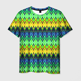 Мужская футболка 3D с принтом Разноцветный желто синий геометрический орнамент , 100% полиэфир | прямой крой, круглый вырез горловины, длина до линии бедер | 