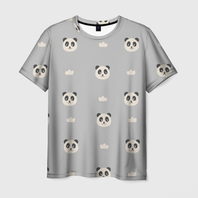 Мужская футболка 3D с принтом пандочки и облачка    паттерн серый в Кировске, 100% полиэфир | прямой крой, круглый вырез горловины, длина до линии бедер | 